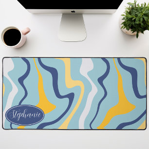 Blue, Yellow, and Navy Retro Groovy Waves Desk Mat