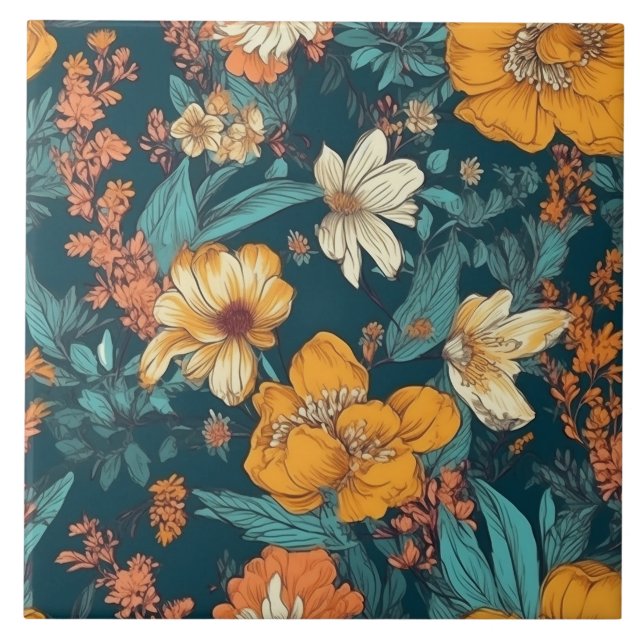 Blue, yellow and orange pretty floral ceramic tile (Front)