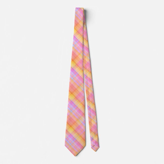 Blue, yellow and pink plaid neck tie (Front)