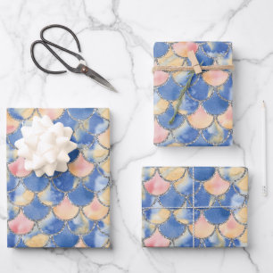 Blue, Yellow and Silver Mermaid Scales  Wrapping Paper Sheet