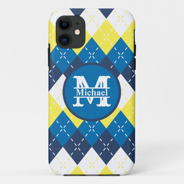 Blue, Yellow, and White Argyle Personalise Case-Mate iPhone Case (Back)