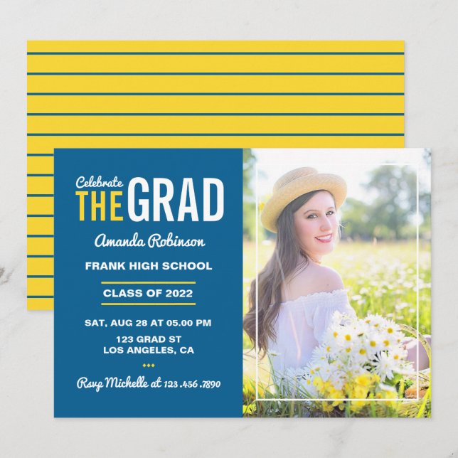 Blue, Yellow and White Graduation Party Photo Invitation (Front/Back)