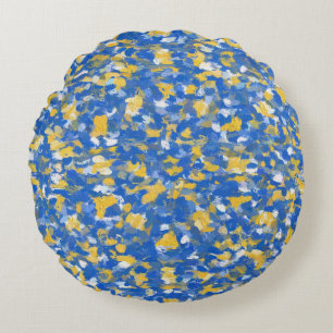 Blue, Yellow and White Paint Splashes Round Cushion