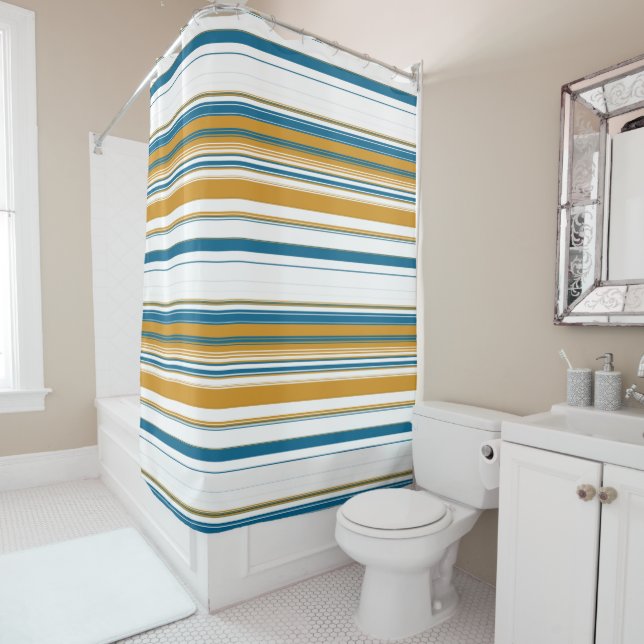 Blue Yellow and White Stripes Shower Curtain (In Situ)