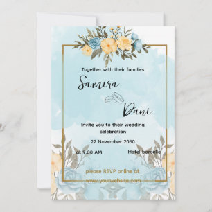 Blue Yellow and White Watercolor Wedding Invitation