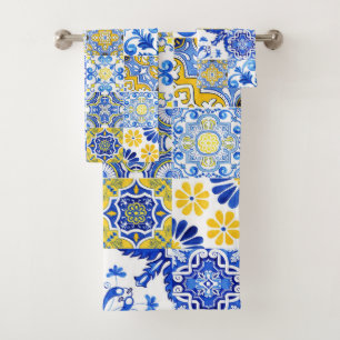 Blue & Yellow Azulejo Portuguese Majolica Mosaic Bath Towel Set