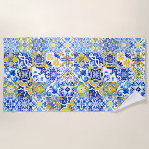 Blue & Yellow Azulejo Portuguese Majolica Mosaic Beach Towel