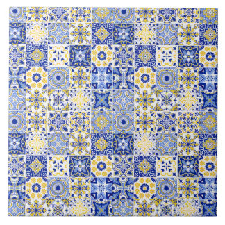Blue & Yellow Azulejo Portuguese Majolica Mosaic Ceramic Tile