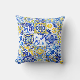 Blue & Yellow Azulejo Portuguese Majolica Mosaic Cushion