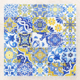 Blue & Yellow Azulejo Portuguese Majolica Mosaic Glass Coaster
