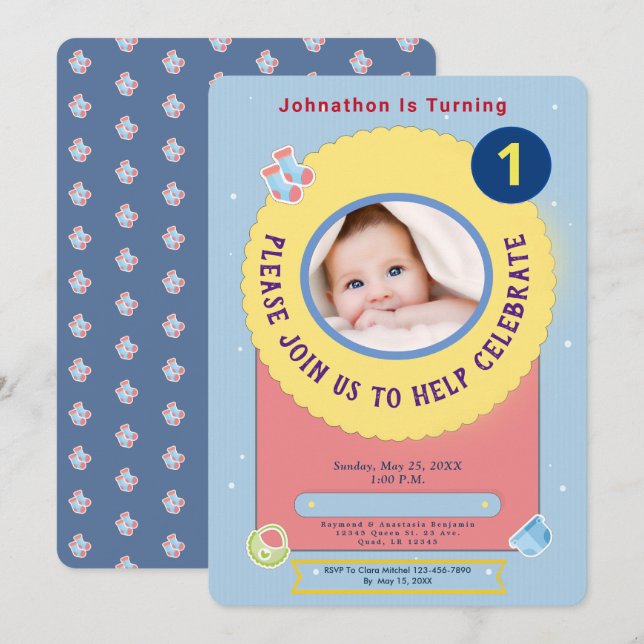 Blue Yellow Baby First Birthday Party Personalise Invitation (Front/Back)