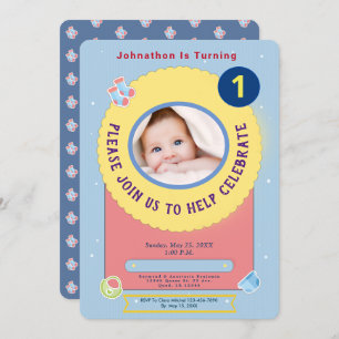 Blue Yellow Baby First Birthday Party Personalise Invitation