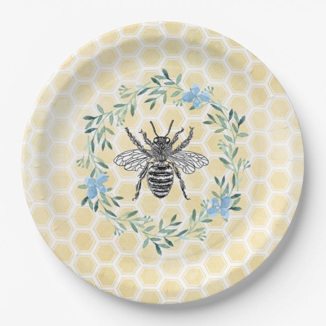 Blue yellow baby shower decor bee honeycomb floral paper plate (Front)