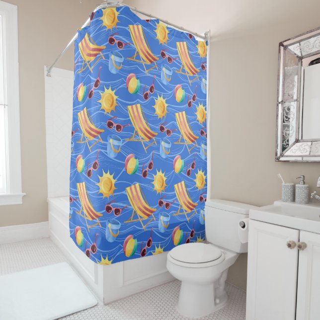 BLUE & YELLOW BEACH CHAIRS SUNGLASSES SUN TOYS SHOWER CURTAIN (In Situ)