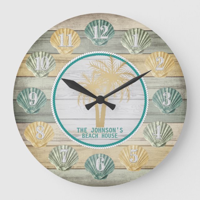 Blue & Yellow Beach Wood Seashells & Palm Trees Large Clock (Front)