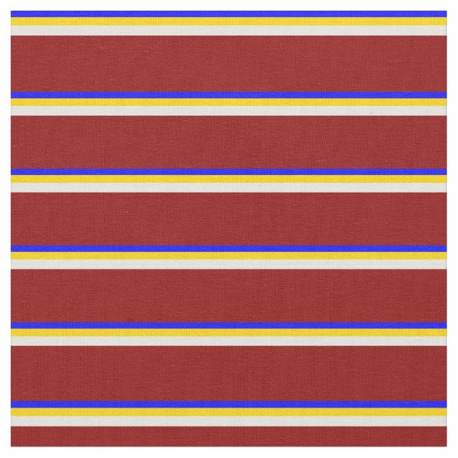 Blue, Yellow, Beige & Dark Red Lined Pattern Fabric (Close Up)