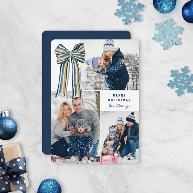 Blue Yellow Big Striped Bow Merry Christmas Photo Holiday Card (Creator Uploaded)