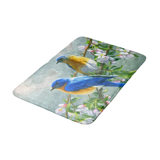 Blue Yellow Birds Cherry Blossom Tree Painting Bath Mat (Angled)