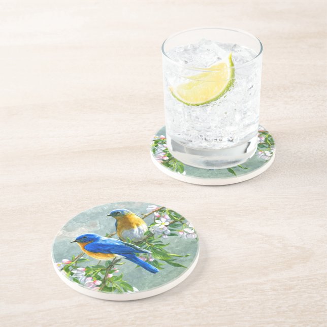 Blue Yellow Birds Cherry Blossom Tree Painting Coaster (Side)