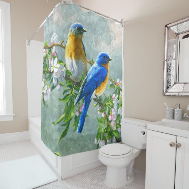 Blue Yellow Birds Cherry Blossom Tree Painting Shower Curtain (In Situ)