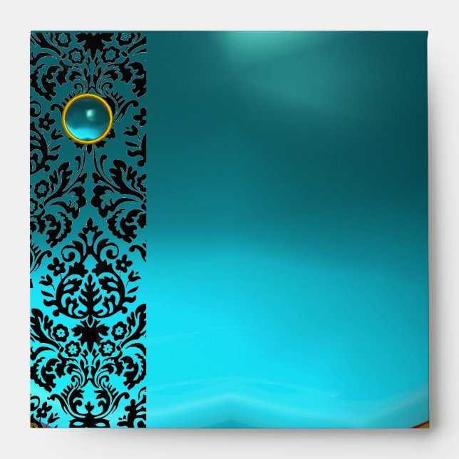 BLUE YELLOW BLACK DAMASK Aquamarine , Gold Envelopes (Front)