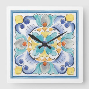 Blue & Yellow Bloom Square Wall Clock