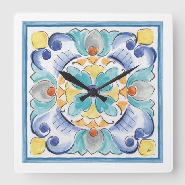 Blue & Yellow Bloom Square Wall Clock (Front)