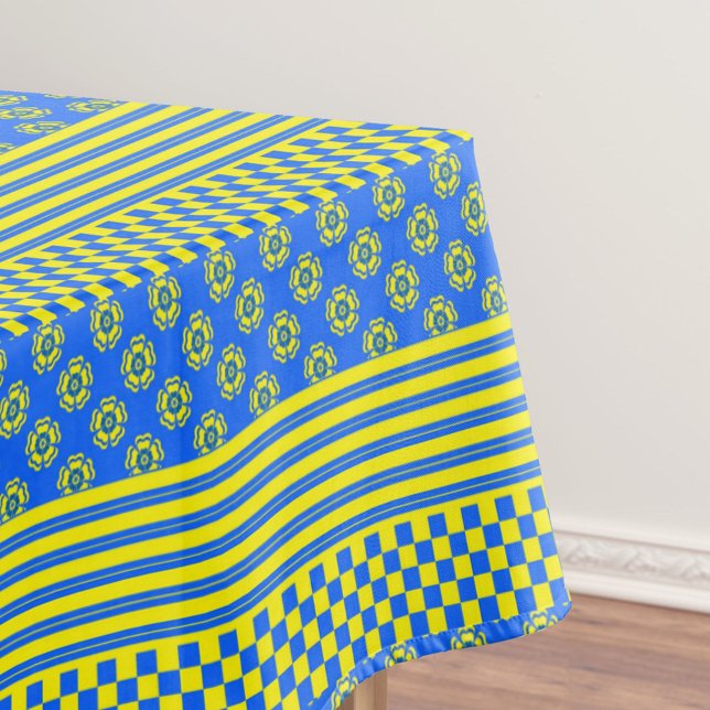 Blue Yellow Boho Check Floral Stripes Pattern Tablecloth (Creator Uploaded)