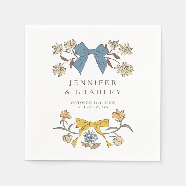 Blue & Yellow Boho Ribbons and Flowers Wedding Napkin (Front)