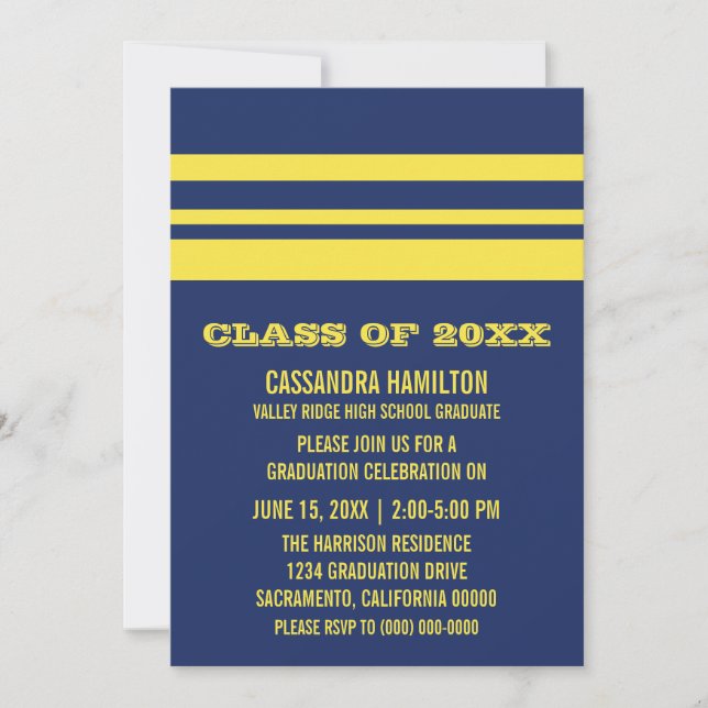 Blue/Yellow Bold Stripe Graduation Invite (Front)