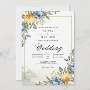 Blue Yellow Botanical Arch Wedding Invitation
