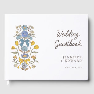 Blue Yellow Bows & Blossoms Floral Wedding Guest Book
