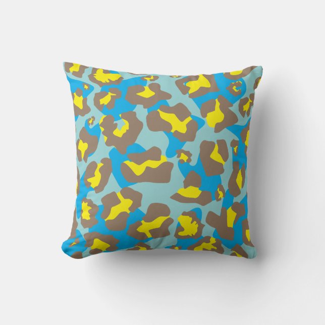 Blue, yellow, brown leopard animal print pattern cushion (Front)