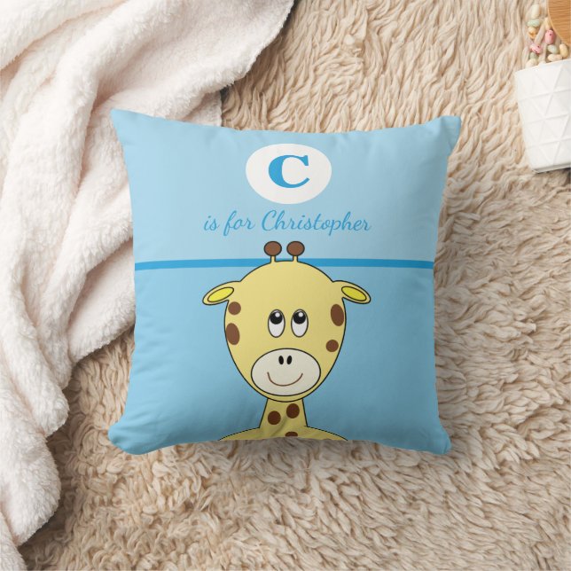 Blue yellow brown with a cute giraffe baby name cushion (Blanket)