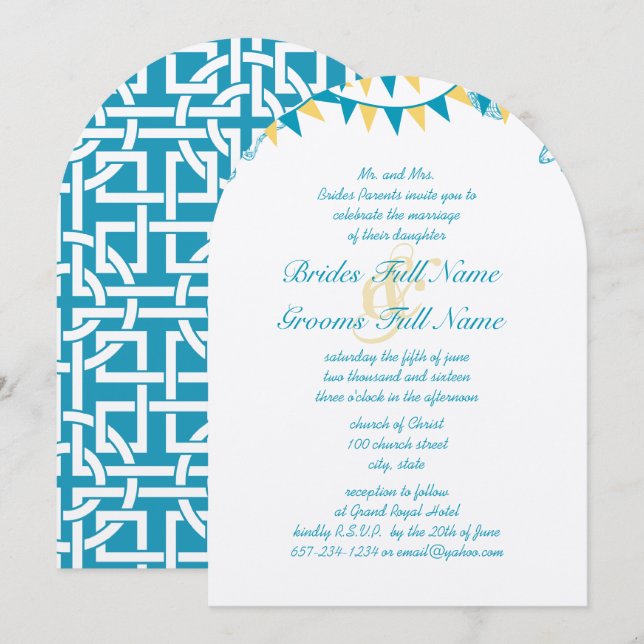 Blue & Yellow Bunting Pennant Wedding Invitations (Front/Back)