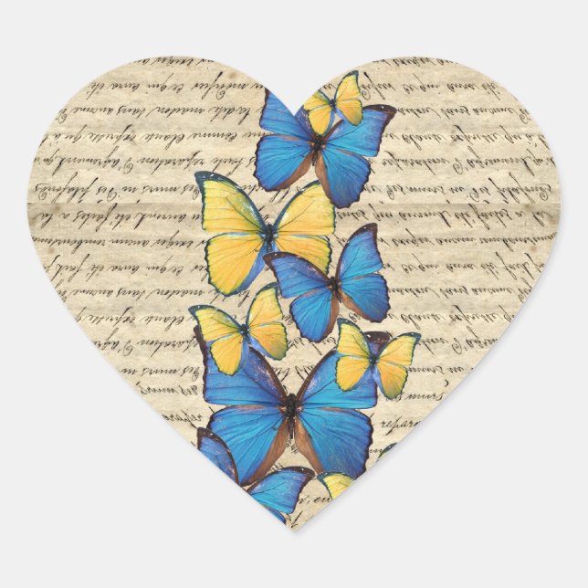 Blue & yellow butterrflies heart sticker (Front)