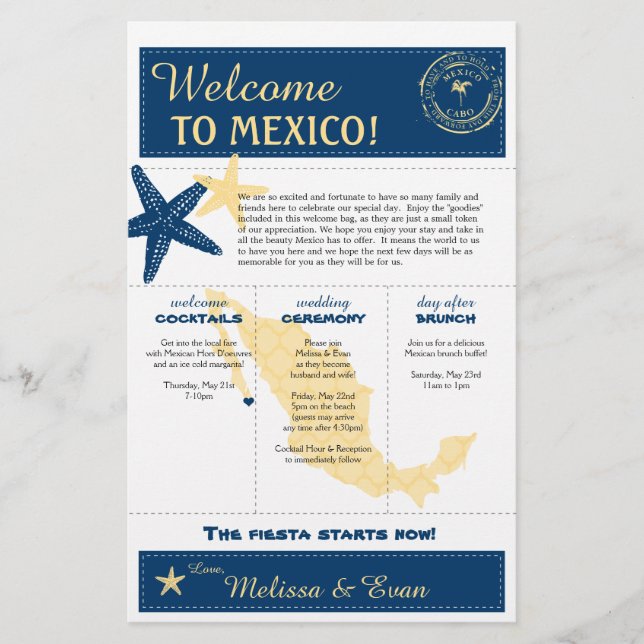 Blue Yellow Cabo Mexico Wedding Welcome Letter (Front)