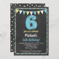 Blue Yellow Chalkboard 6th Birthday Invitation