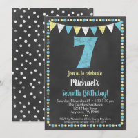 Blue Yellow Chalkboard 7th Birthday Invitation