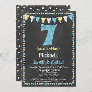 Blue Yellow Chalkboard 7th Birthday Invitation