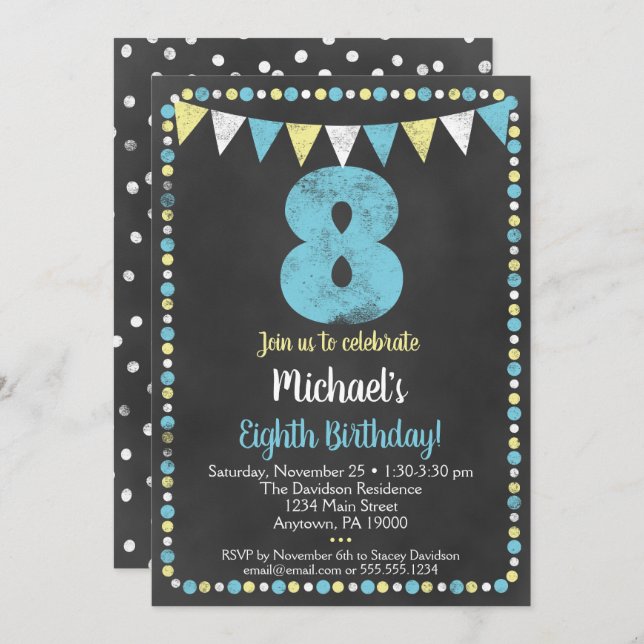 Blue Yellow Chalkboard 8th Birthday Invitation (Front/Back)