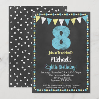 Blue Yellow Chalkboard 8th Birthday Invitation