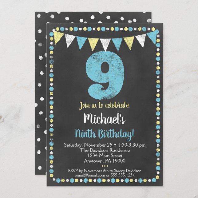 Blue Yellow Chalkboard 9th Birthday Invitation (Front/Back)
