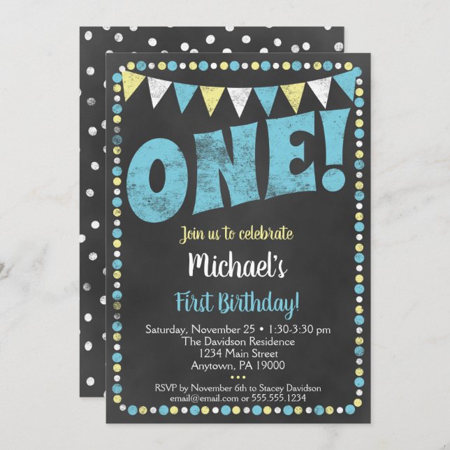 Blue Yellow Chalkboard First Birthday Invitation (Front/Back)
