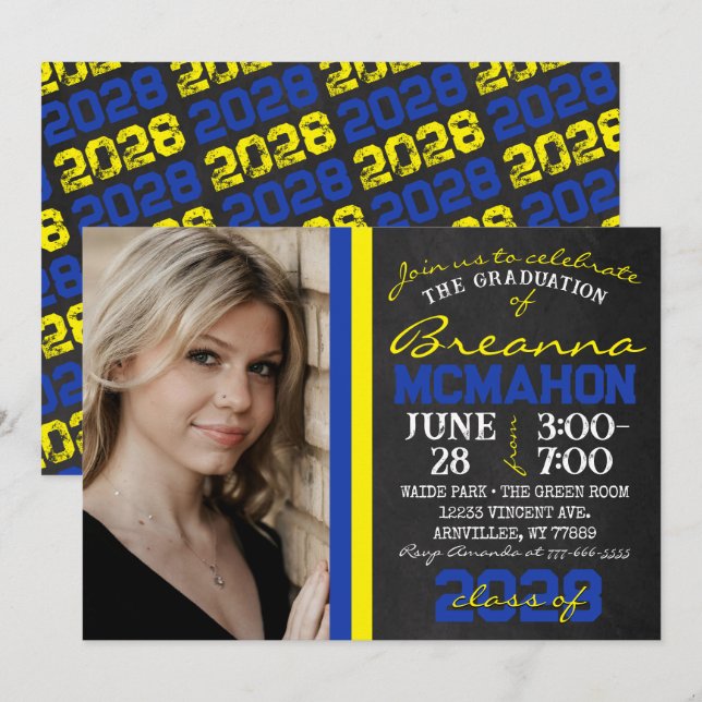 Blue & Yellow Chalkboard Graduation Photo Invitation (Front/Back)