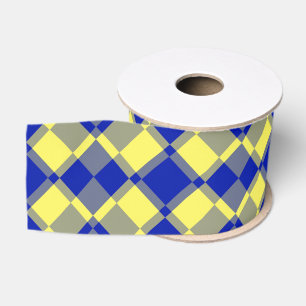 Blue Yellow Chequered Argyle Pattern Grosgrain Ribbon
