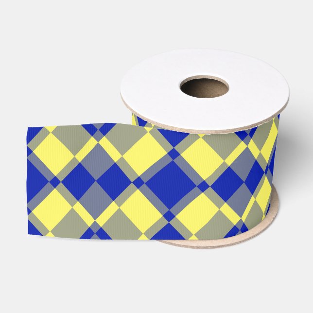Blue Yellow Chequered Argyle Pattern Grosgrain Ribbon (Spool)
