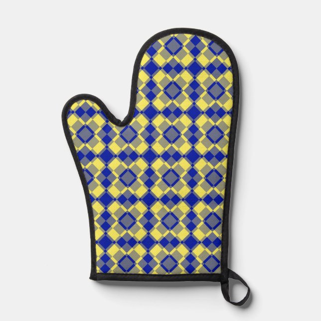 Blue Yellow Chequered Argyle Pattern Oven Mitt (Front)
