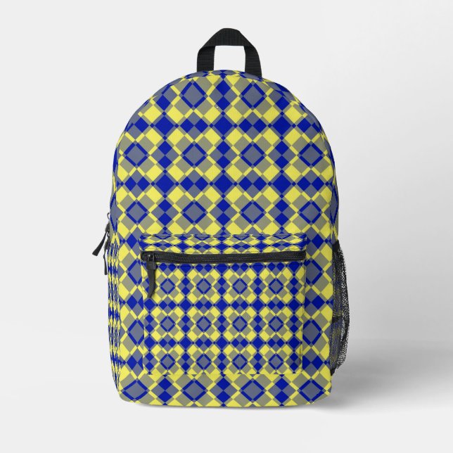 Blue Yellow Chequered Argyle Pattern Printed Backpack (Front)
