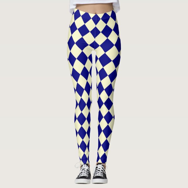 Blue Yellow Chequered Diamond Pattern  Leggings (Front)